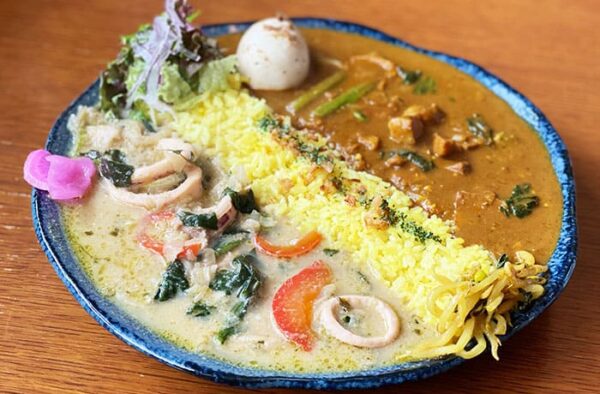 和歌山 スパイスカレー サティヤ Satya あいがけカレー ポークビンダルー いかのグリーンカレー