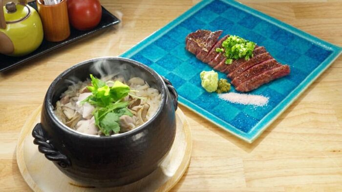 山梨県 甲府市 和心 かみや 信玄鳥とごぼうの釜めし 甲州牛の炭火焼き